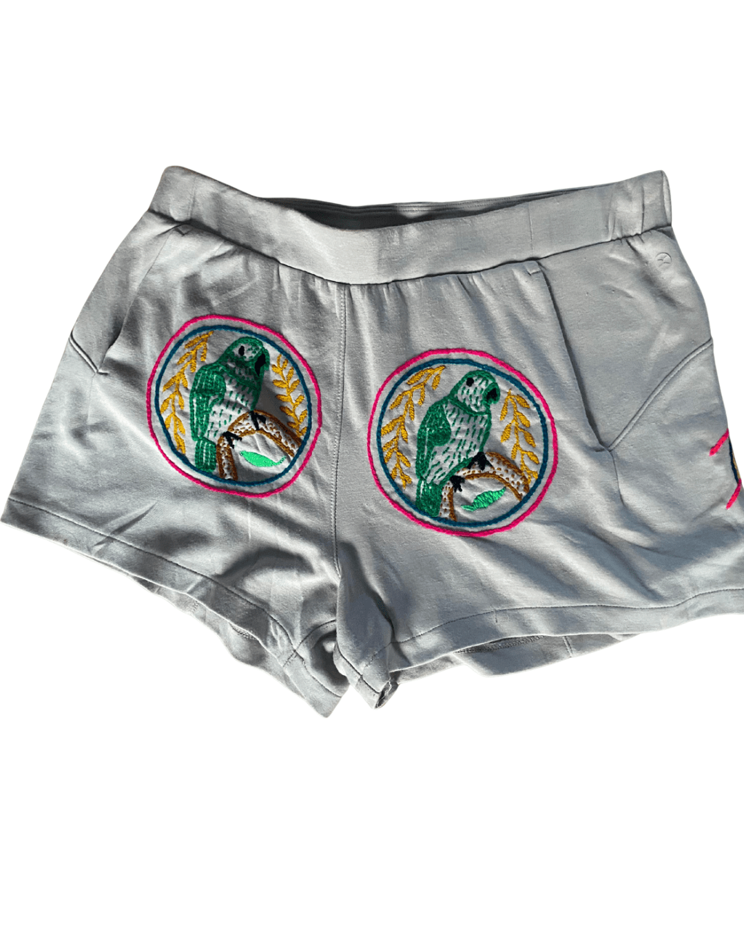 Cotton shorts, size M, with woven and embroidered traditional tapestry, Shipibo Nation, Noya Roa Tree + Macaw Parrot