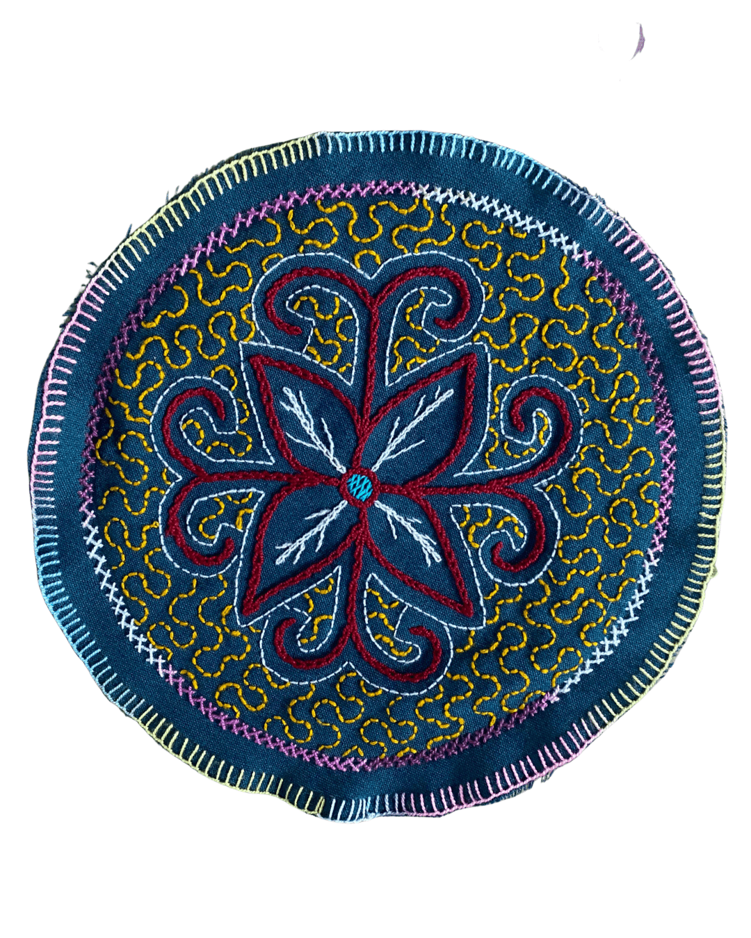 Hand woven and embroidered traditional tapestry, Shipibo Nation, Flor (Flower) de Chakruna