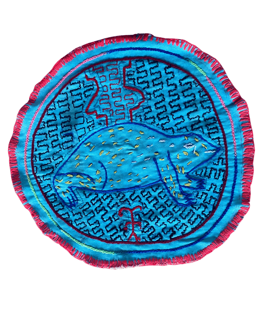 Hand woven and embroidered traditional tapestry, Shipibo Nation, Turquoise Sapo (Frog)