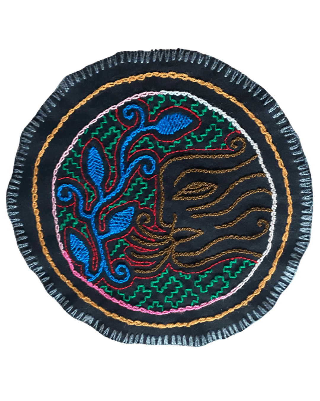 Hand woven and embroidered traditional tapestry, Shipibo Nation, Soplando (exhaling) Tobacco