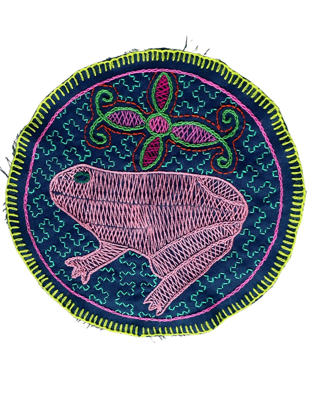 Hand woven and embroidered traditional tapestry, Shipibo Nation, round pink Sapo (Frog)