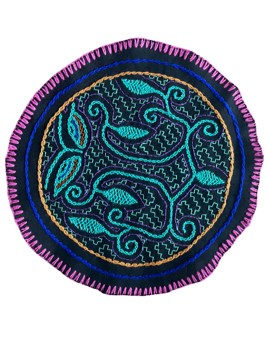 Hand woven and embroidered traditional tapestry, Shipibo Nation, Turquoise Chakruna