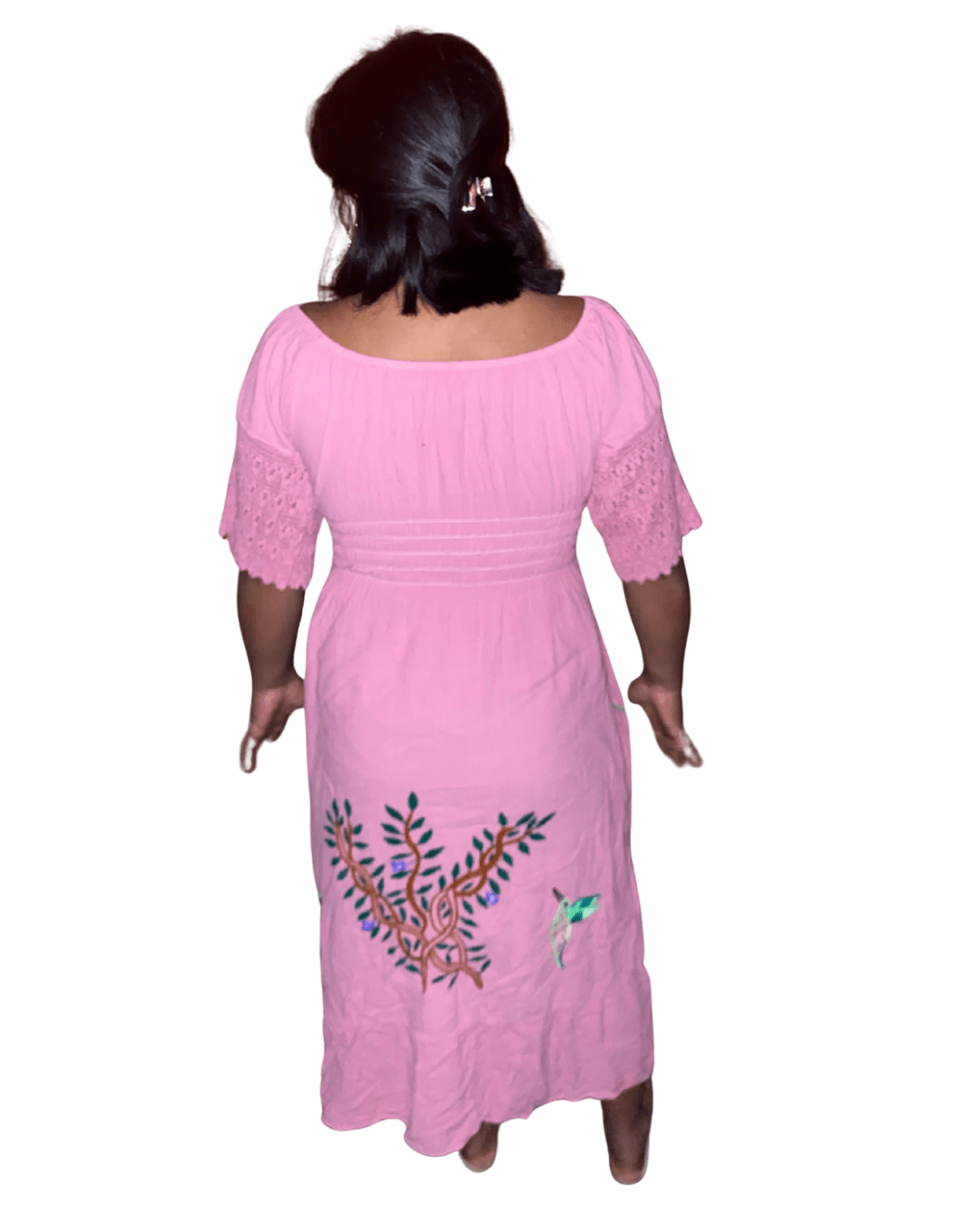 Pink Long Sleeve Dress, size M, with woven and embroidered traditional tapestry, Shipibo Nation, Hummingbird
