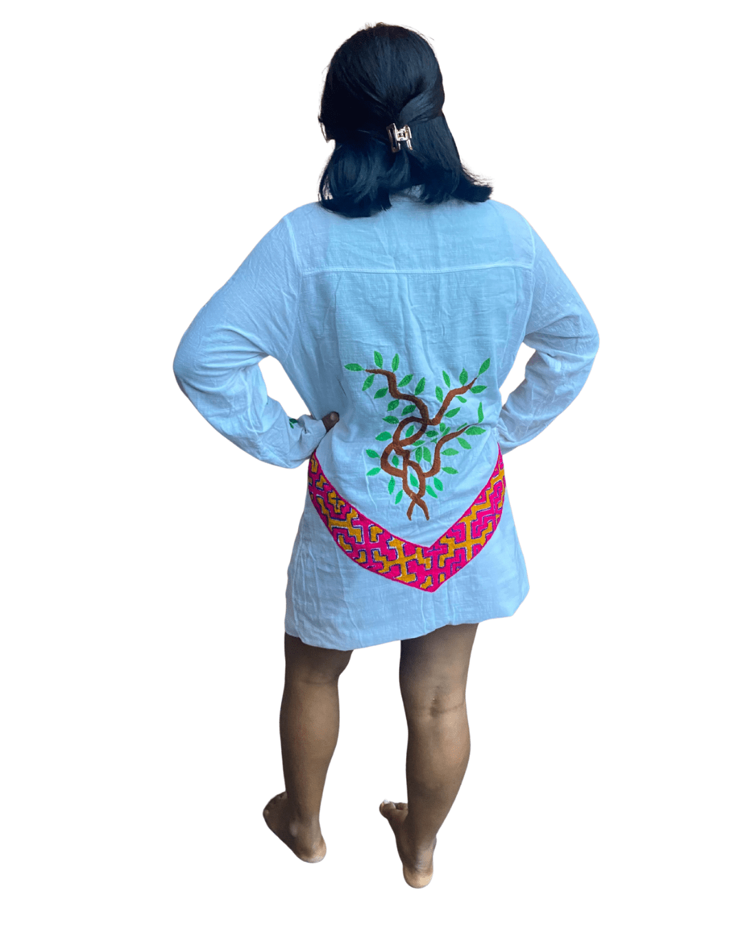 White Cotton Long Sleeve Dress, size M, with woven and embroidered traditional tapestry, Shipibo Nation, Ayahuasca Vine with Chakruna